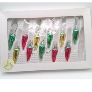 Oberfrankische Glas Chili Pepper Glass Ornaments Set of 11 Made in Poland VTG